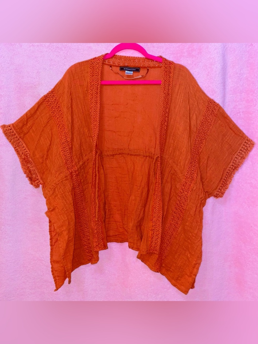 BCBGMAXAZRIA Burnt Orange Boho Kaftan Shoulder Shrug Flowy Cotton Coverup Fringe